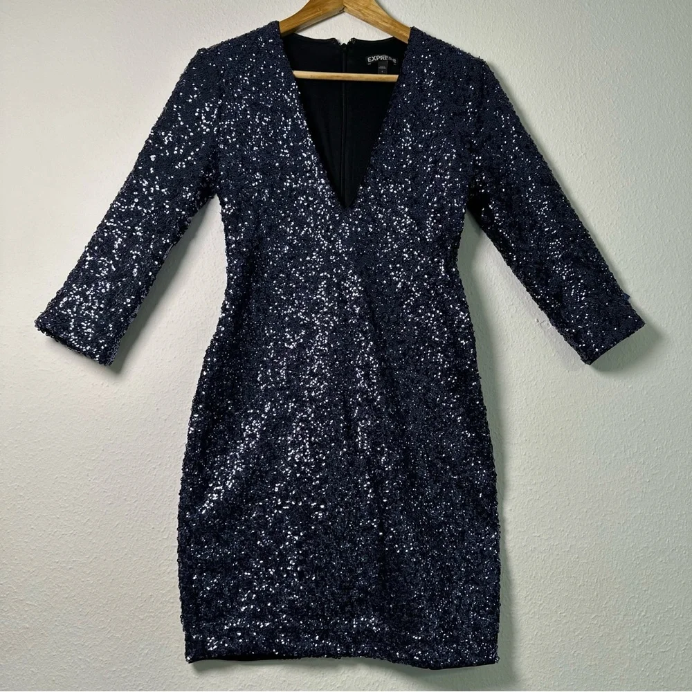 Express Blue Deep V-Neck Surplice Sequin Party Mini Dress - Picture 2 of 16